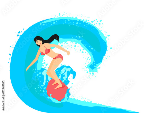 Vector illustration of surfer girl on surfboard isolated on white background
