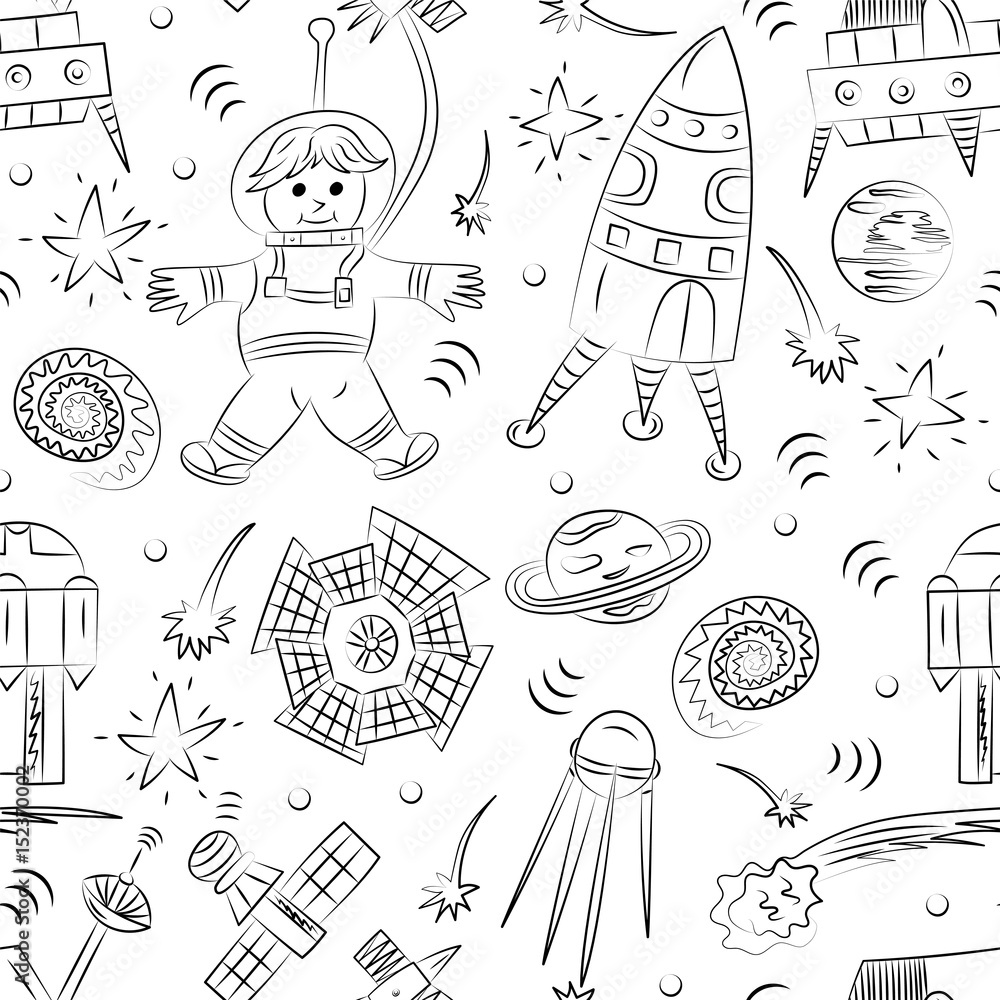 Obraz premium Seamless Pattern of Hand Drawn Doodle Spaceman, Spaceships, Rockets, Falling Stars, Planets and Comets. Sketch Style. Vector Illustration.