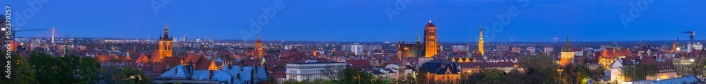 Panorama of the old town in Gdansk at night, Poland