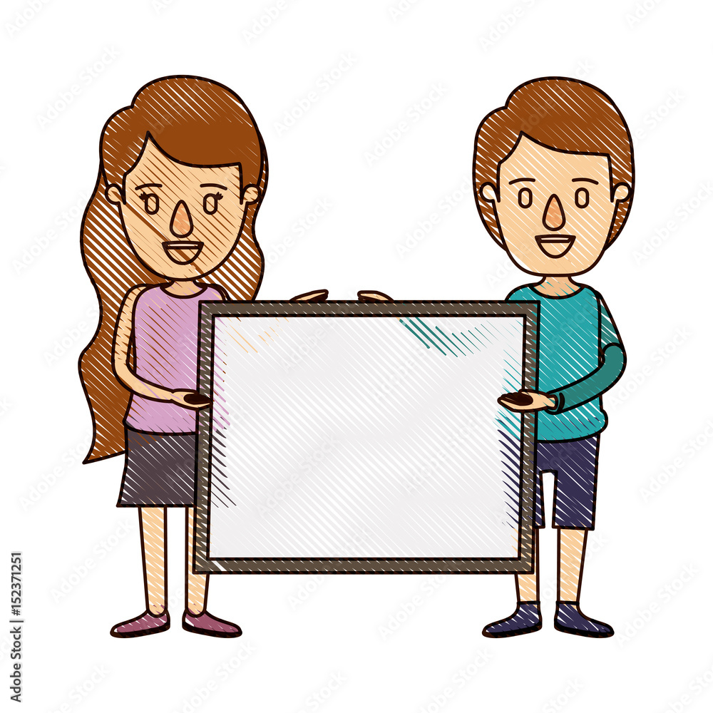 color crayon stripe cartoon full body couple holding a square poster vector illustration color crayon stripe cartoon full body couple holding a square poster vector illustration