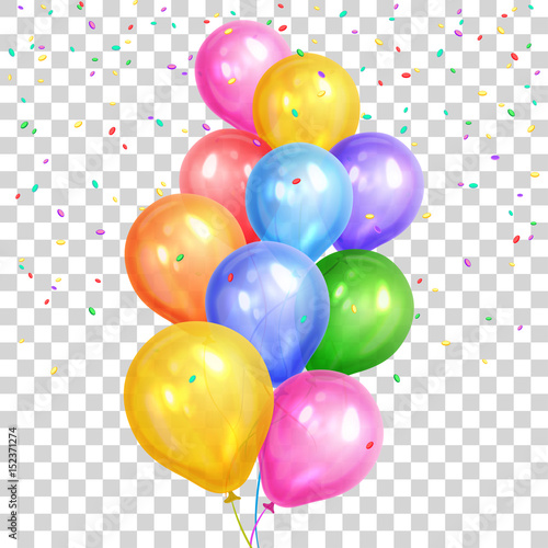 Bunch of colorful helium balloons isolated on transparent background. Party decorations for birthday, anniversary, celebration. Vector illustration.