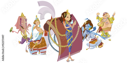 Set of isolated hindu gods meditation in yoga poses lotus and Goddess hinduism religion, traditional asian culture spiritual mythology, deity worship festival vector illustrations, T-shirt concepts