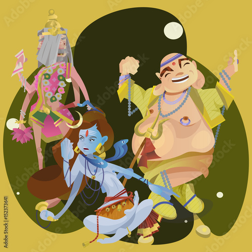 Set of isolated hindu gods meditation in yoga poses lotus and Goddess hinduism religion, traditional asian culture spiritual mythology, deity worship festival vector illustrations, T-shirt concepts