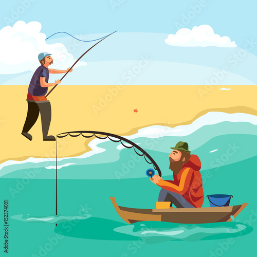 Flat fisherman hat sits on boat with trolling fishing rod in hand and catches bucket, Fishman crocheted spin into the sea waiting big fish funny vector illustration, Man active banner concept.