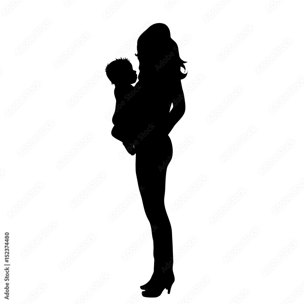 Vector silhouette of woman with baby on white background.