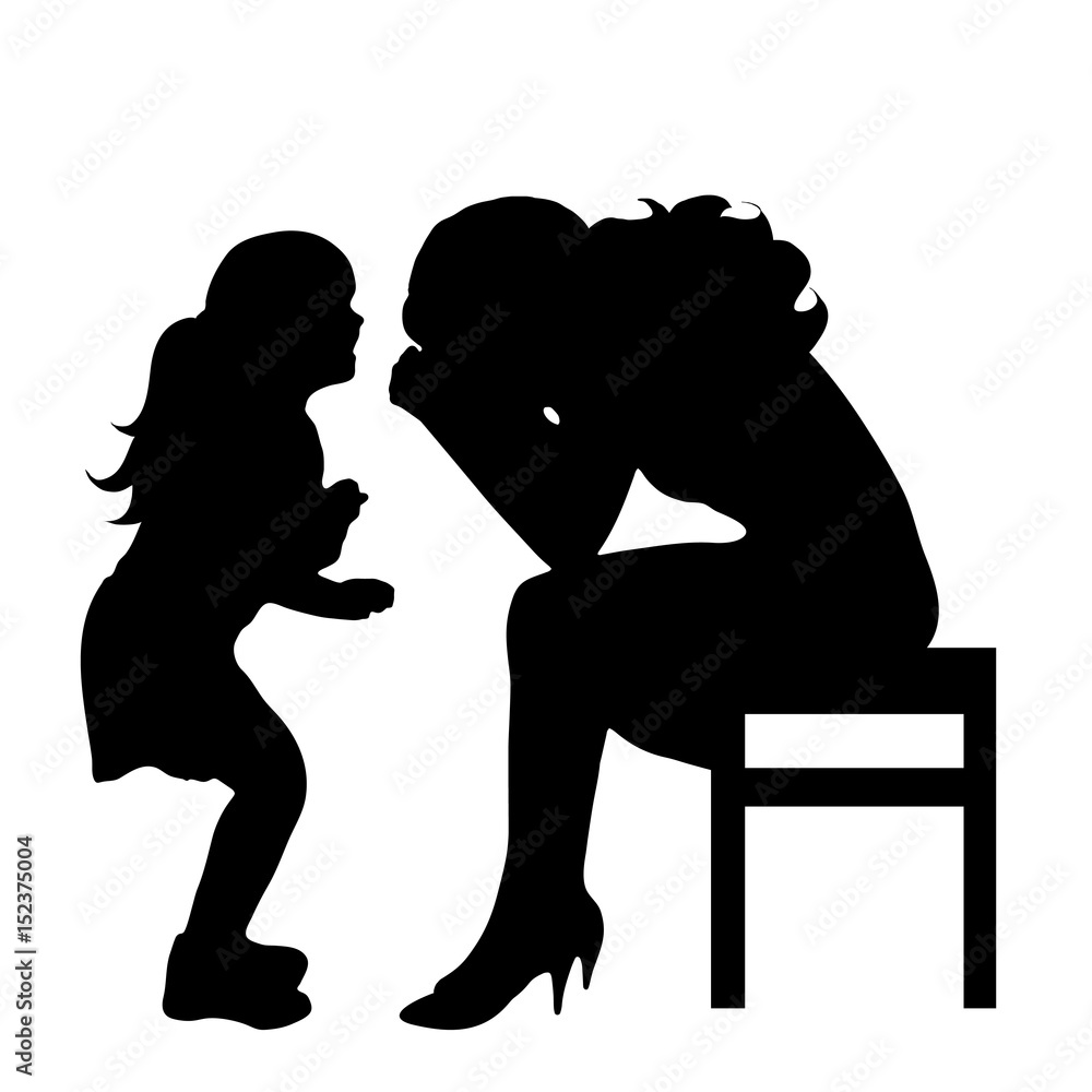 Vector silhouette of woman with baby on white background.