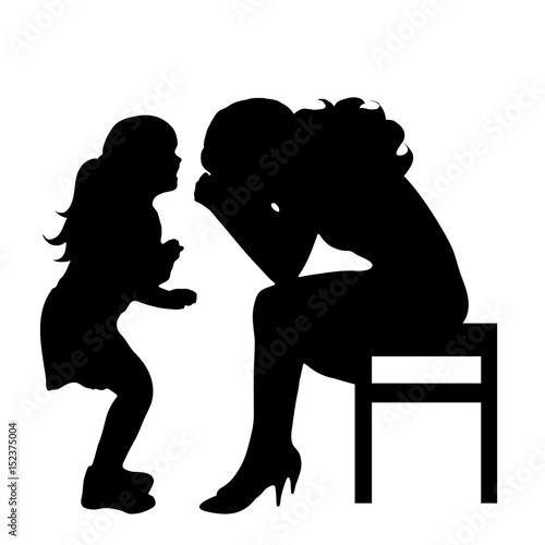 Vector silhouette of woman with baby on white background.