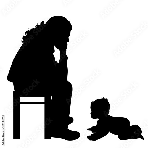 Vector silhouette of man with baby on white background.