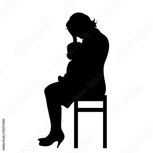 Vector silhouette of woman with baby on white background.