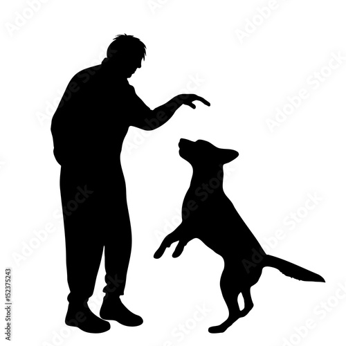 Vector silhouette of man with dog on white background. photo