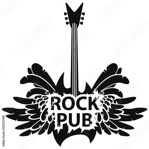 vector illustration with an electric guitar, wings and feathers with words rock pub