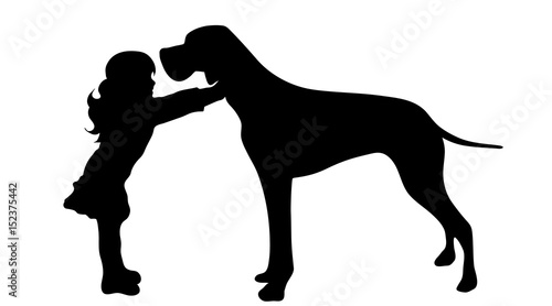 Vector silhouette of girl with dog on white background.