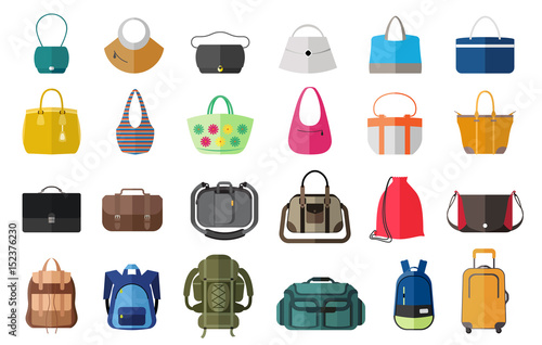 Set of icons of bags and luggage. Various types of bags ranging from elegant, sports, business and travel bags.
