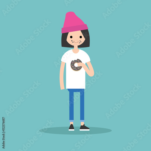 Young girl chewing a chocolate donut / flat editable vector illustration