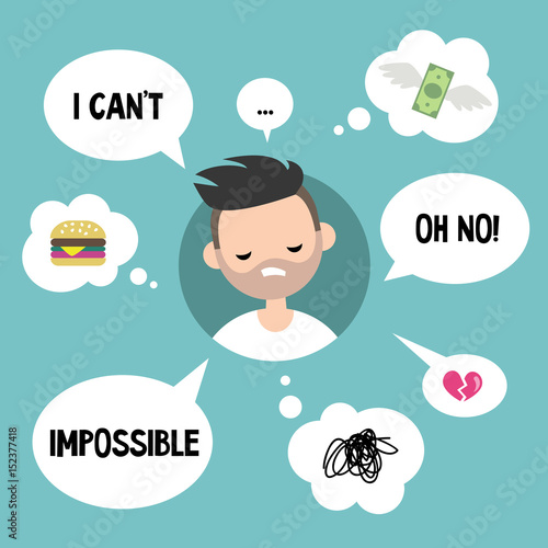 Modern communication concept: Unhappy bearded man surrounded by speaking and thinking bubbles / flat editable vector illustration