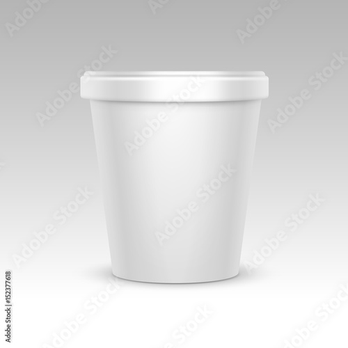 Vector White Blank Food Plastic Tub Bucket Container For Dessert, Yogurt, Ice Cream, Sour Cream for Package Design Mock Up Close up Side View Isolated on White Background