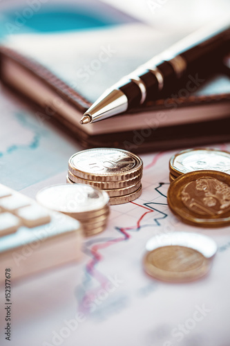 Vertical closeup coins on line chart with pen and calculator