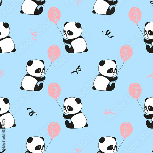 Fototapeta Naklejka Na Ścianę i Meble -  Seamless pattern with cute panda bears and balloons. Vector kids background.