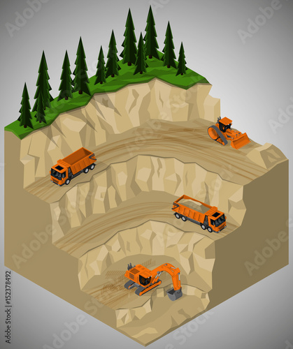 Vector isometric illustration of illustration sand quarry development and involving machinery. Equipment  for high-mining industry.