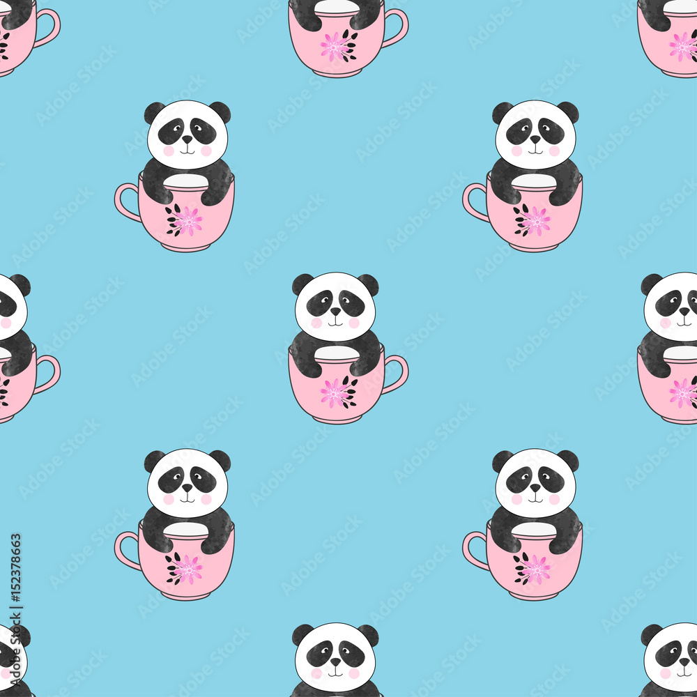 Seamless pattern with cute panda bears in cups. Vector background for kids design. Seamless pattern with cute panda bears in cups. Vector background for kids design.