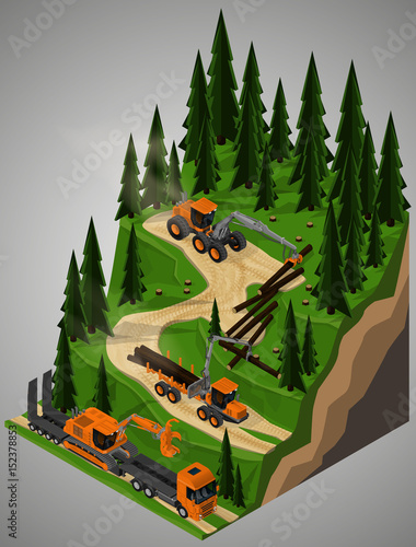 Vector isometric illustration of a rubber-tired forestry harvester, feller-buncher, forwarder and truck for transportation of oversized cargo at logging operations. Equipment for forestry industry.