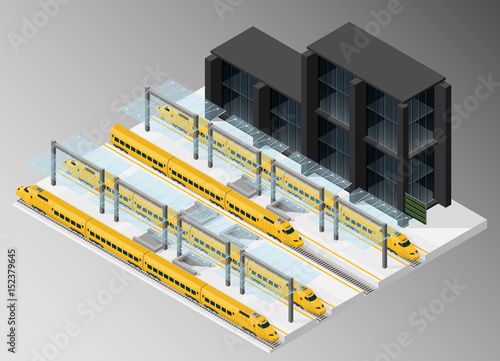 Vector isometric illustration of passenger railway station.
