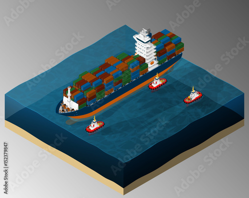 Cargo ship is pulled by a tug boat into the harbor. Maritime transport.