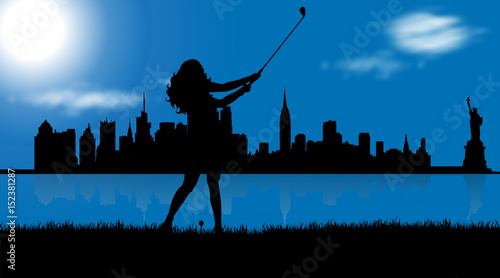 Vector illustration of New York with woman who play golf.