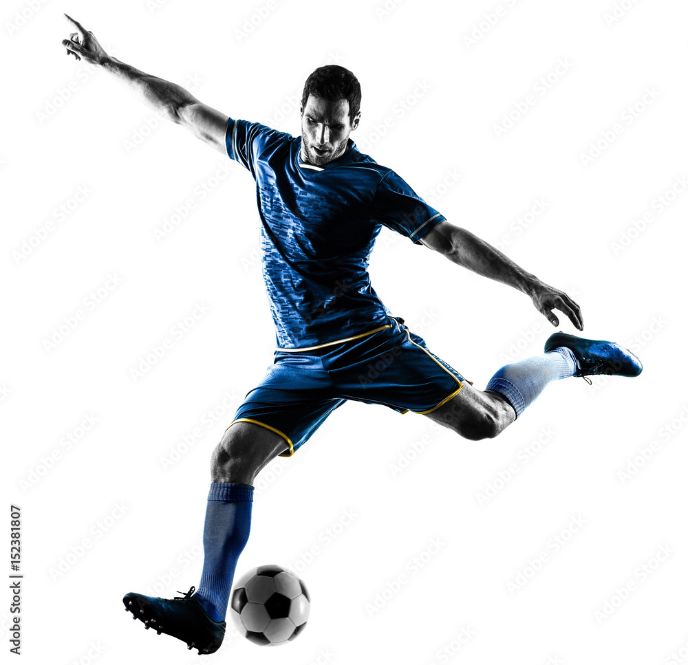 Fototapeta premium one caucasian soccer player man playing kicking in silhouette isolated on white background
