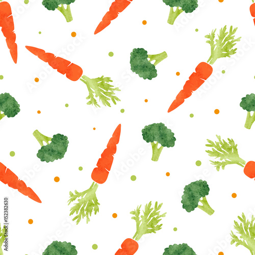 Seamless watercolor vegetables pattern with broccoli and carrot. Vector background