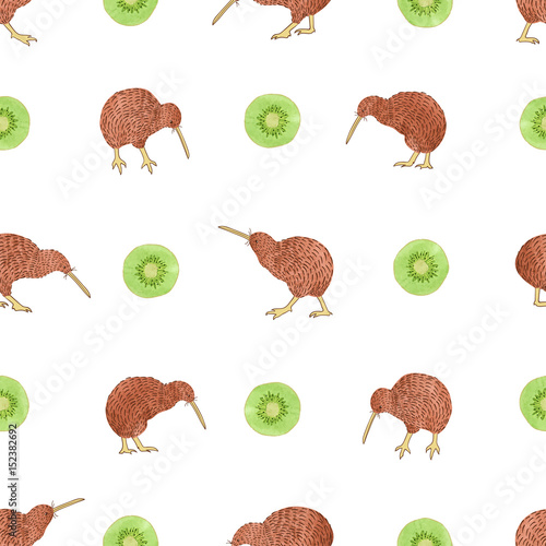 Seamless pattern with watercolor kiwi birds and kiwi fruit.