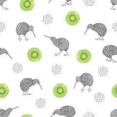 Papier peint photo Fruits aquarelle patrons Oiseaux kiwis tranches aquarelle ludique  © Afanasia
