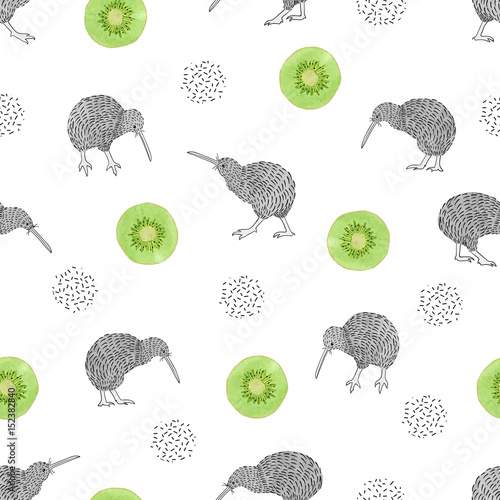 Seamless pattern with watercolor kiwi birds and kiwi fruit slices.