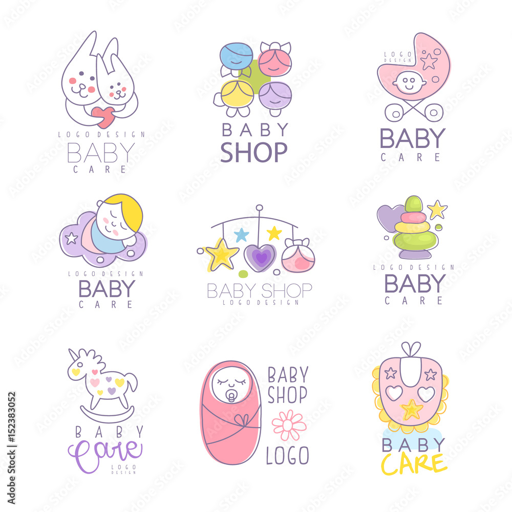 Baby shop set for logo design, hand drawn vector Illustrations