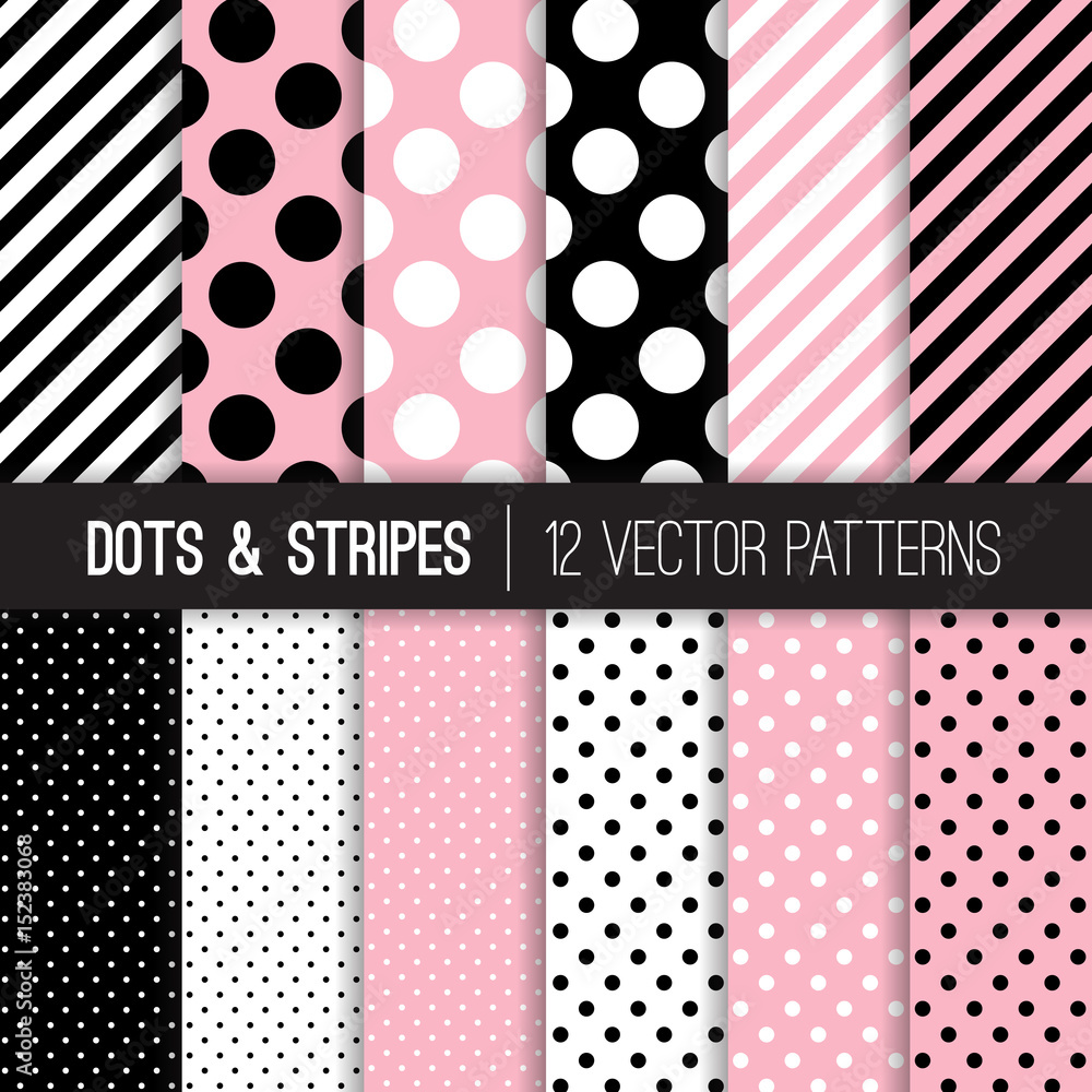 French Pink, Black and White Polka Dots and Stripes Vector Patterns. Set of Girly Chic Pastel Pink Backgrounds. Jumbo Dots, Tiny Spots and Diagonal Candy Stripes. Pattern Tile Swatches Included.