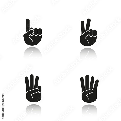 Hand gestures drop shadow black icons set