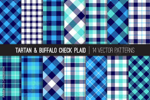 Navy, Blue, White and Aqua Blue Tartan and Buffalo Check Plaid Vector Patterns. Hipster Lumberjack Flannel Shirt Fabric Textures. Pattern Tile Swatches Included.