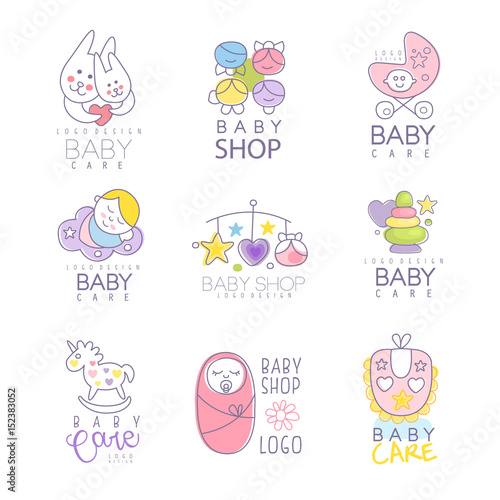 Baby shop set for logo design, hand drawn vector Illustrations
