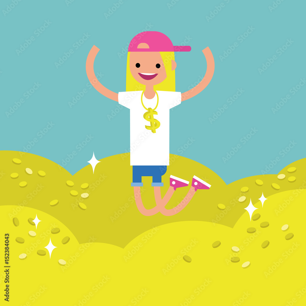 Wallow in money conceptual illustration: young lucky blond girl jumping on the pile of golden coins / editable flat vector clip art Wallow in money conceptual illustration: young lucky blond girl jumping on the pile of golden coins / editable flat vector clip art