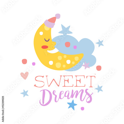 Cute cartoon sleeping crescent and cloud. Sweet dreams colorful hand drawn vector Illustration