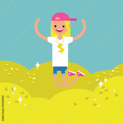 Wallow in money conceptual illustration: young lucky blond girl jumping on the pile of golden coins / editable flat vector clip art