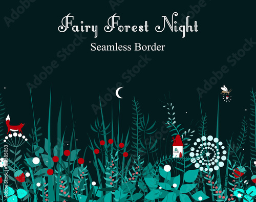 Vector seamless border with forest plants, and fairy house. Background for frames, decorative scotch tape, books, kids illustrations.