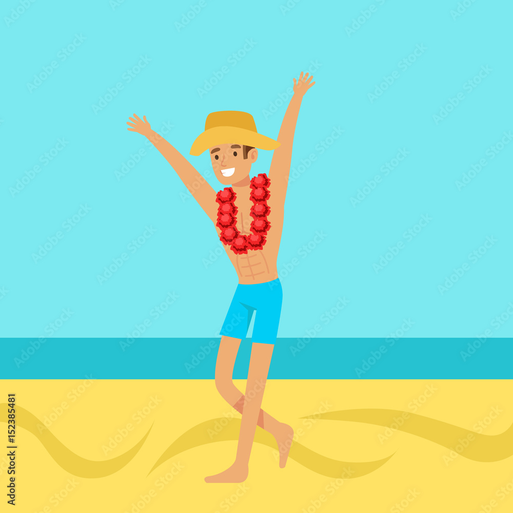Happy man in swimsuit and hat with necklace of flowers on his neck