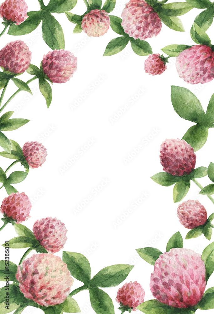 Hand drawn watercolor vertical rectangular frame of Red clover. Hand drawn watercolor vertical rectangular frame of Red clover.