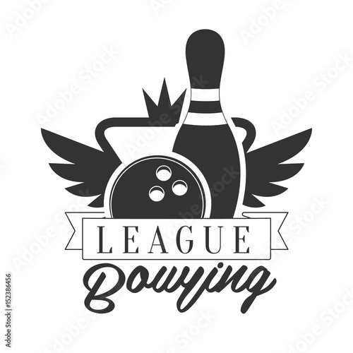Bowling league vintage label. Black and white vector Illustration