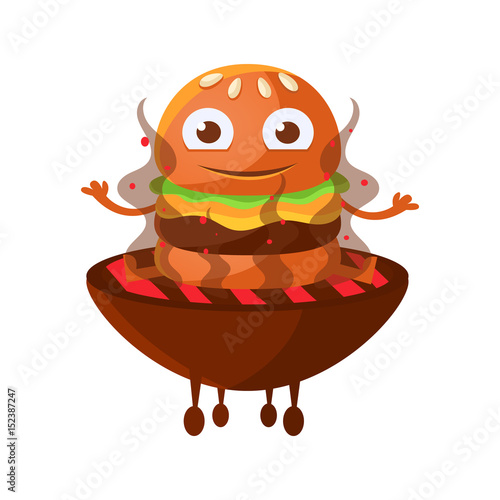 Funny smiling burger with big eyes sitting on the hot BBQ charcoal grill. Cute cartoon fast food emoji character vector Illustration