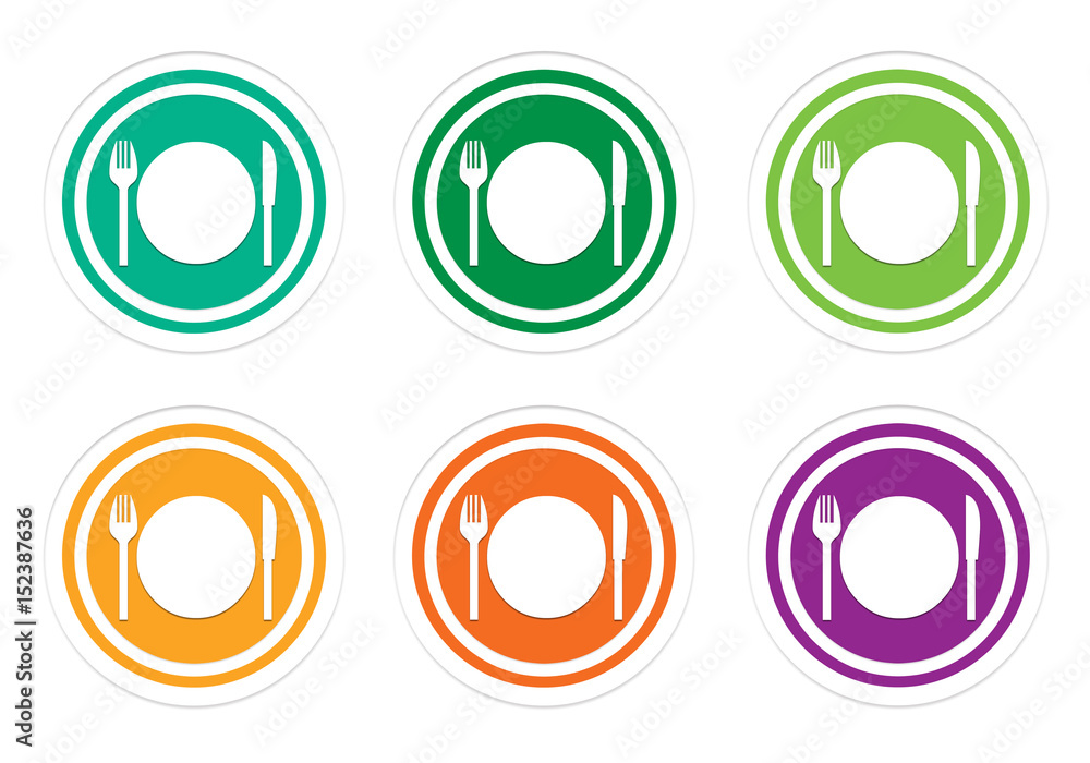 Set of rounded colorful icons with restaurant symbol in green, yellow, orange and purple colors Set of rounded colorful icons with restaurant symbol in green, yellow, orange and purple colors