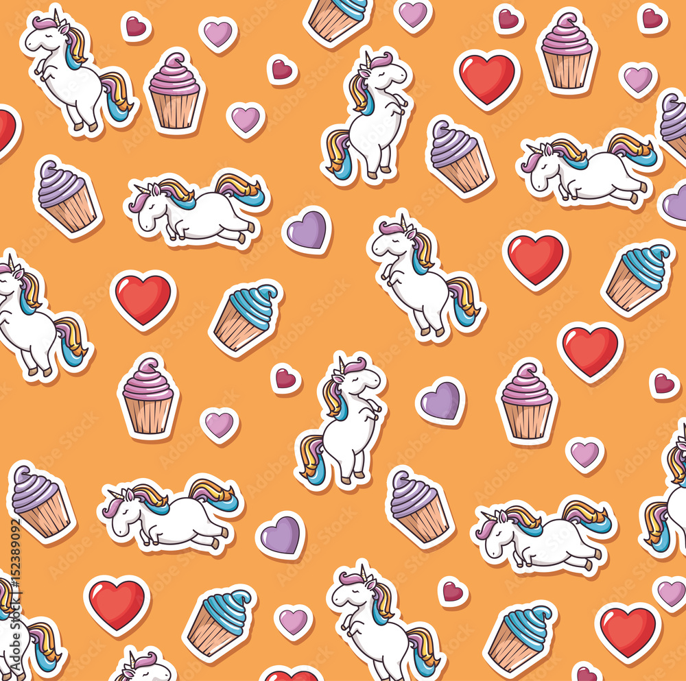 Colorful pattern with unicorn, cupcake and heart stickers over orange background. Vector illustration.