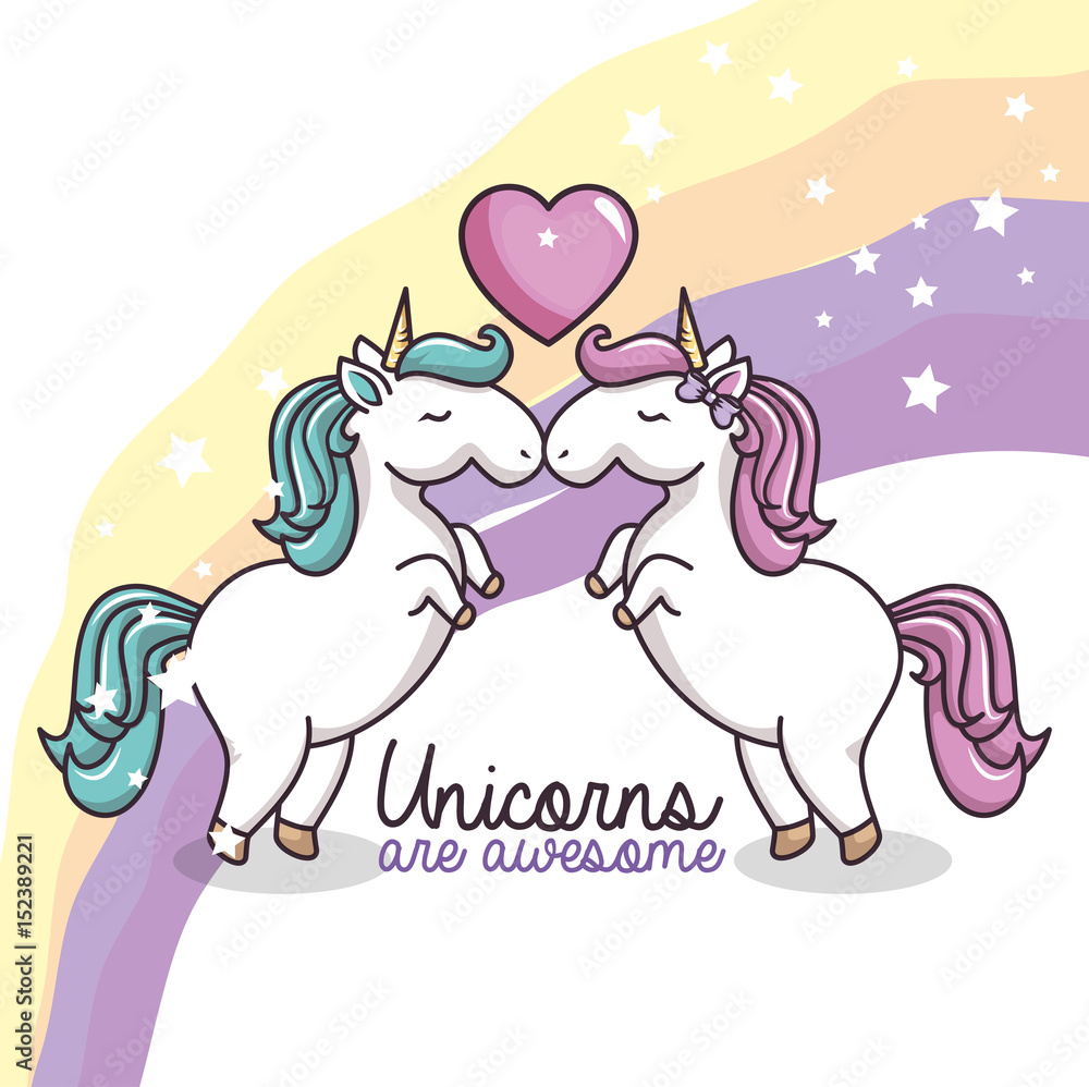 Cute unicorns with heart over white background with rainbow. Vector illustration.
