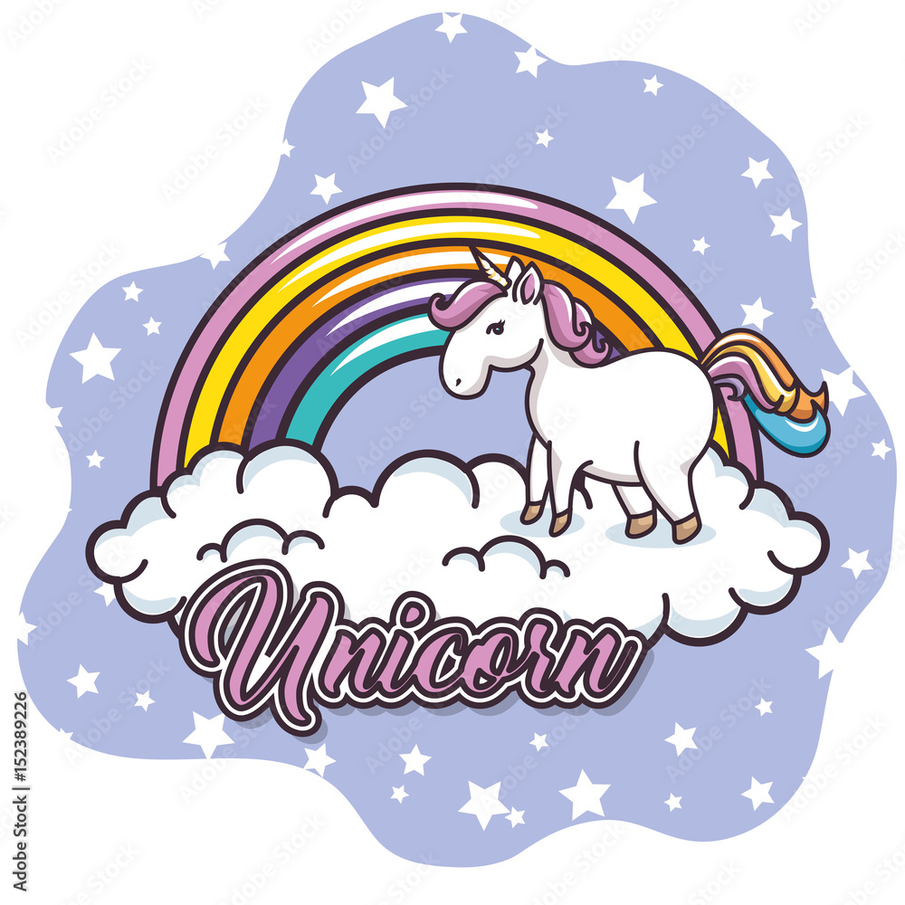 Fototapeta premium Cute unicorn standing on cloud with stars and rainbow behind, over white background. Vector illustration.